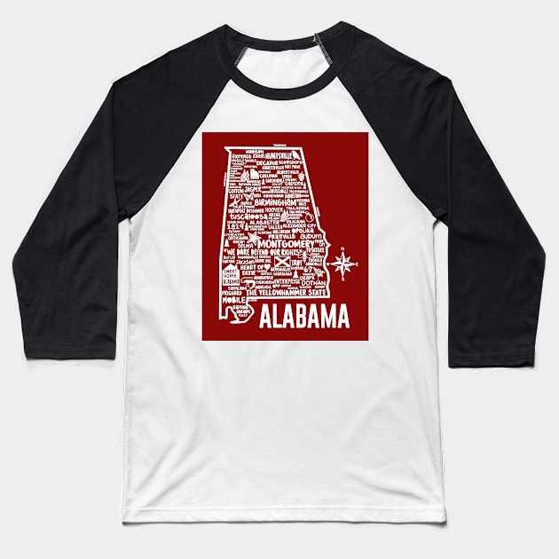 Alabama Map Baseball T-Shirt by fiberandgloss